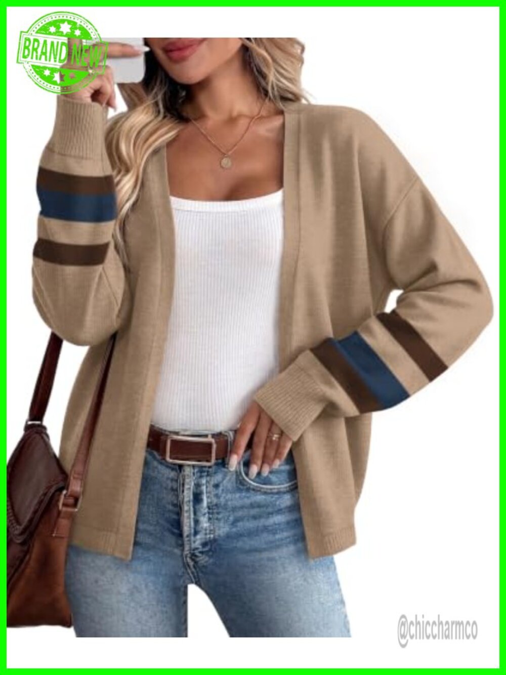 Womens Open Front Knit Cardigan Balloon Sleeve Striped Cuff Fall Layer